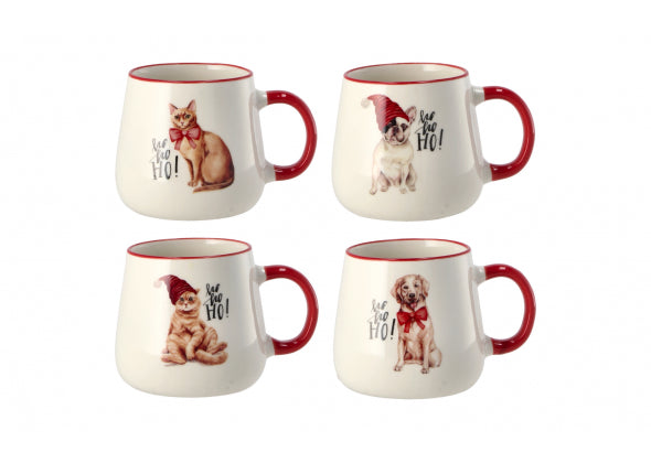 4 Tazze di natale bianca in porcellana con disegni di cane o gatto sulla tazza, su uno sfondo bianco
