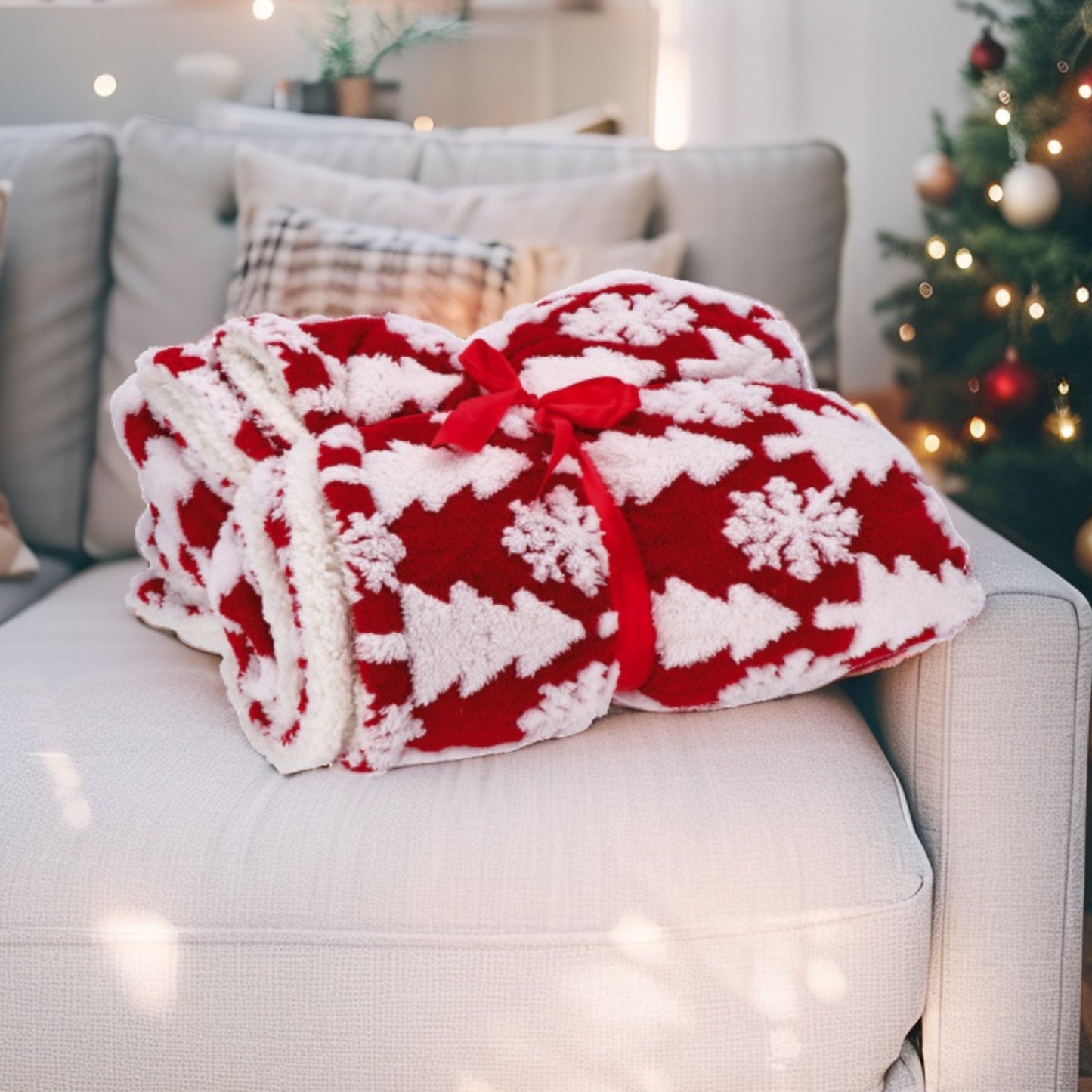 Coperta in Tessuto Sherpa con Pattern Natalizio - 3 Dimensioni - 3 Colori assortiti