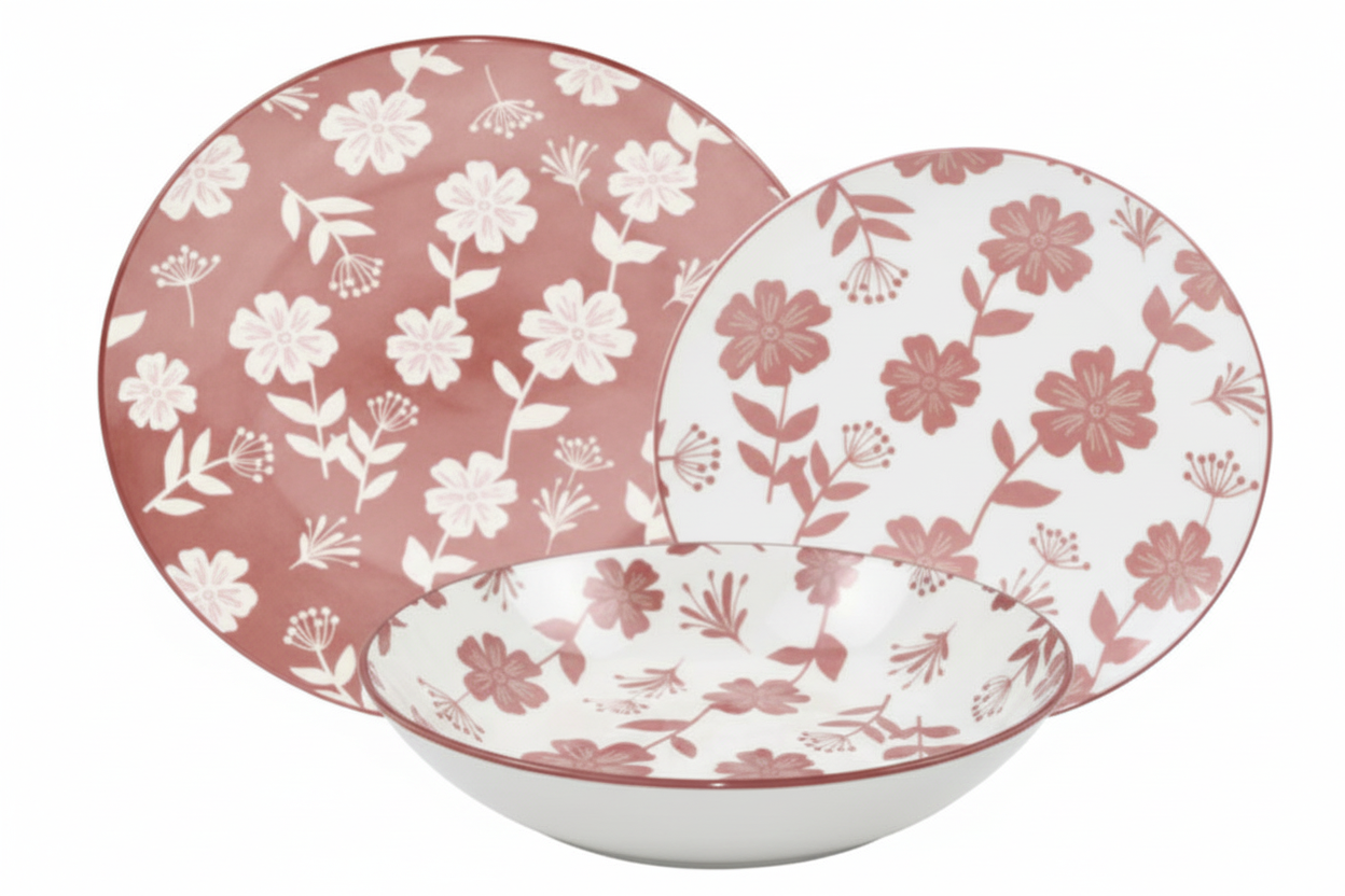 Servizio piatti Lazise Rosa 18 pezzi in porcellana | Set tavola floreale