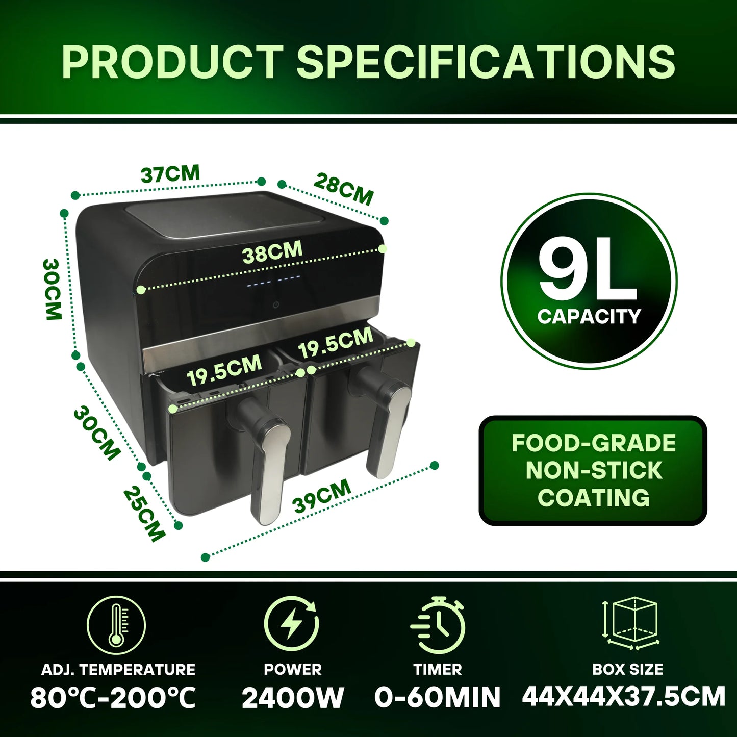 Comfy Nest Friggitrice ad Aria Digitale Doppio Cestello | 2400W 9LT
