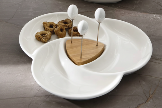 Antipastiera Brandani Spicchio di Luna Porcellana & Bamboo 3 Forchettine Inox | Servizio Antipasti 26×24