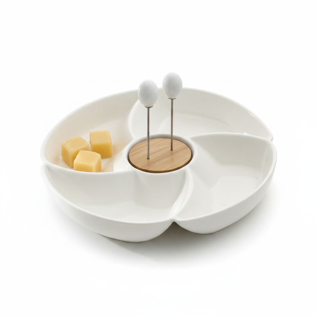Antipastiera Rondò Porcellana & Bamboo 2 Forchettine Inox | Elegante Servizio Ø23 Brandani