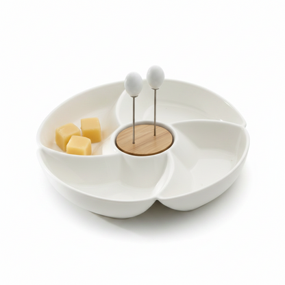 Antipastiera Rondò Porcellana & Bamboo 2 Forchettine Inox | Elegante Servizio Ø23 Brandani
