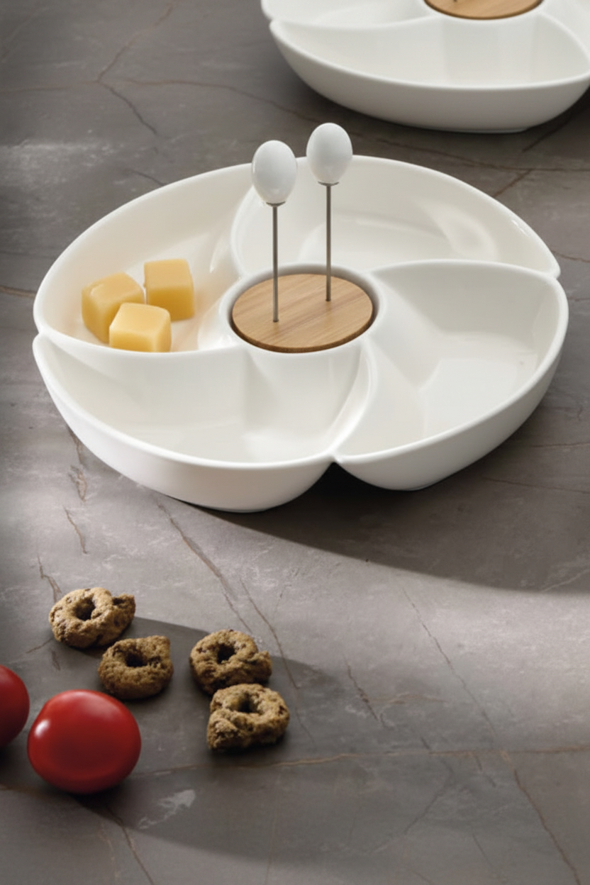 Antipastiera Rondò Porcellana & Bamboo 2 Forchettine Inox | Elegante Servizio Ø23 Brandani