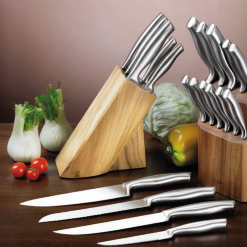 Ceppo in teak con 5 coltelli inox – set cucina professionale Brandani