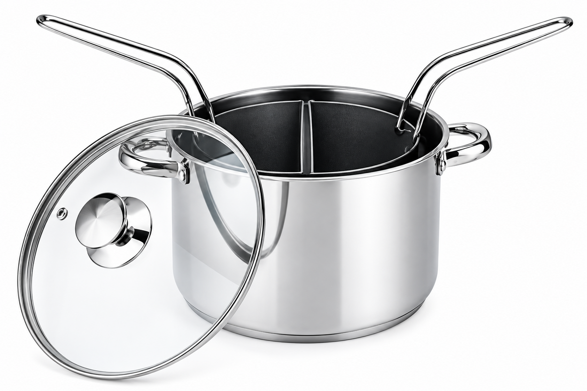 Bollipasta “Duna” – 24 cm – 2 cestelli – acciaio inox 18/10 – con coperchio in vetro