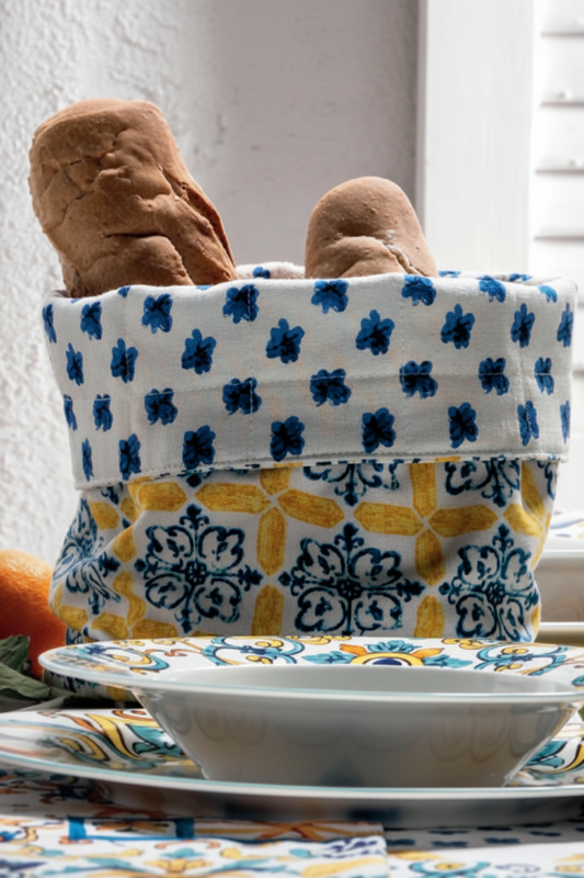 Cestino Tondo Rosone & Fiore Blu Diam. 18×23 | Porta Pane Decorativo