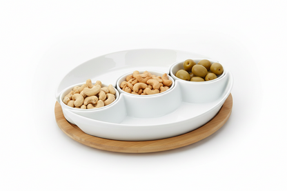 Antipastiera porcellana bianca con supporto bamboo – 5 ciotole 31,5x20,5 cm
