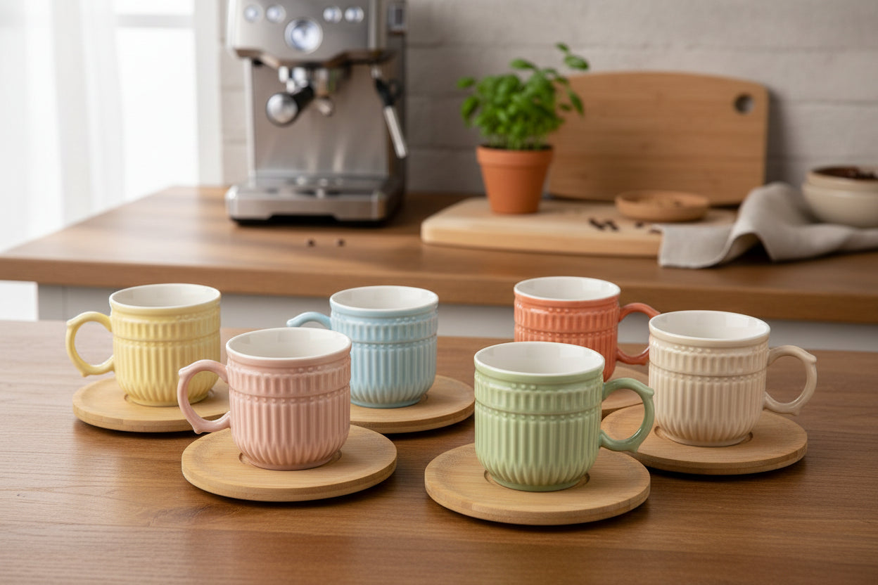 Set 6 Tazzine Caffè Funny in Ceramica con Piattino in Bamboo 110 cc