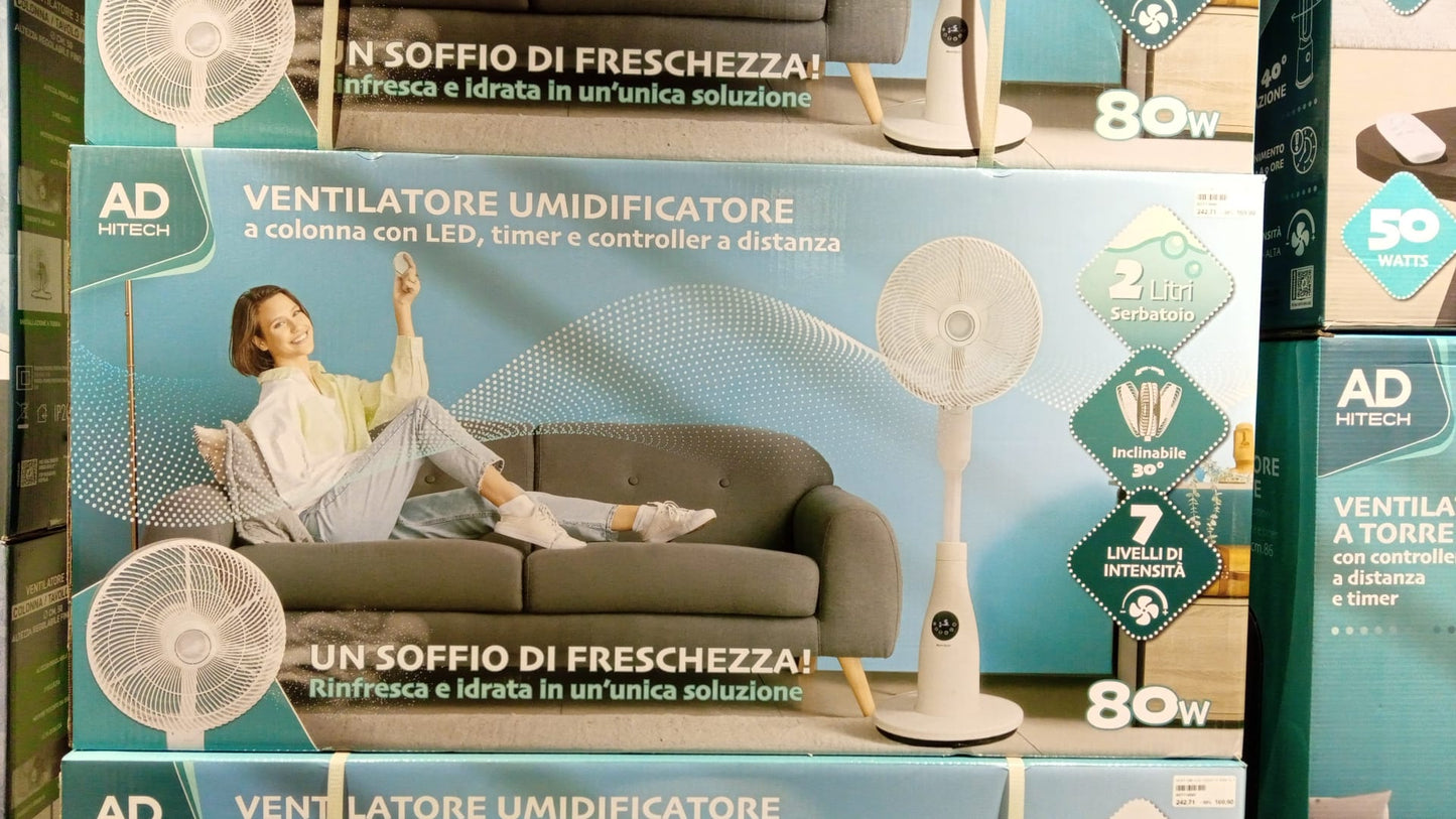 Ventilatore Umidificatore a Colonna con LED e Telecomando – 80 W – 2 L