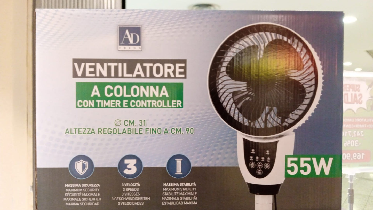 Ventilatore a Colonna 55W con Telecomando e Timer | Altezza Regolabile fino a 90 cm