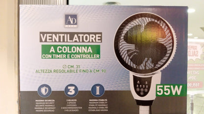 Ventilatore a Colonna 55W con Telecomando e Timer | Altezza Regolabile fino a 90 cm