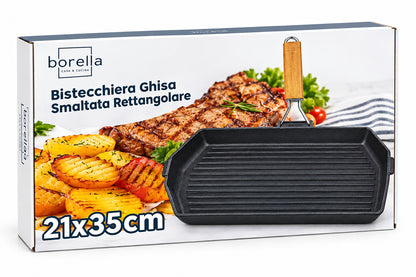 Bistecchiera in ghisa smaltata – 21×35 cm – manico pieghevole in legno