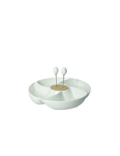 Antipastiera Rondò Porcellana & Bamboo 2 Forchettine Inox | Elegante Servizio Ø23 Brandani
