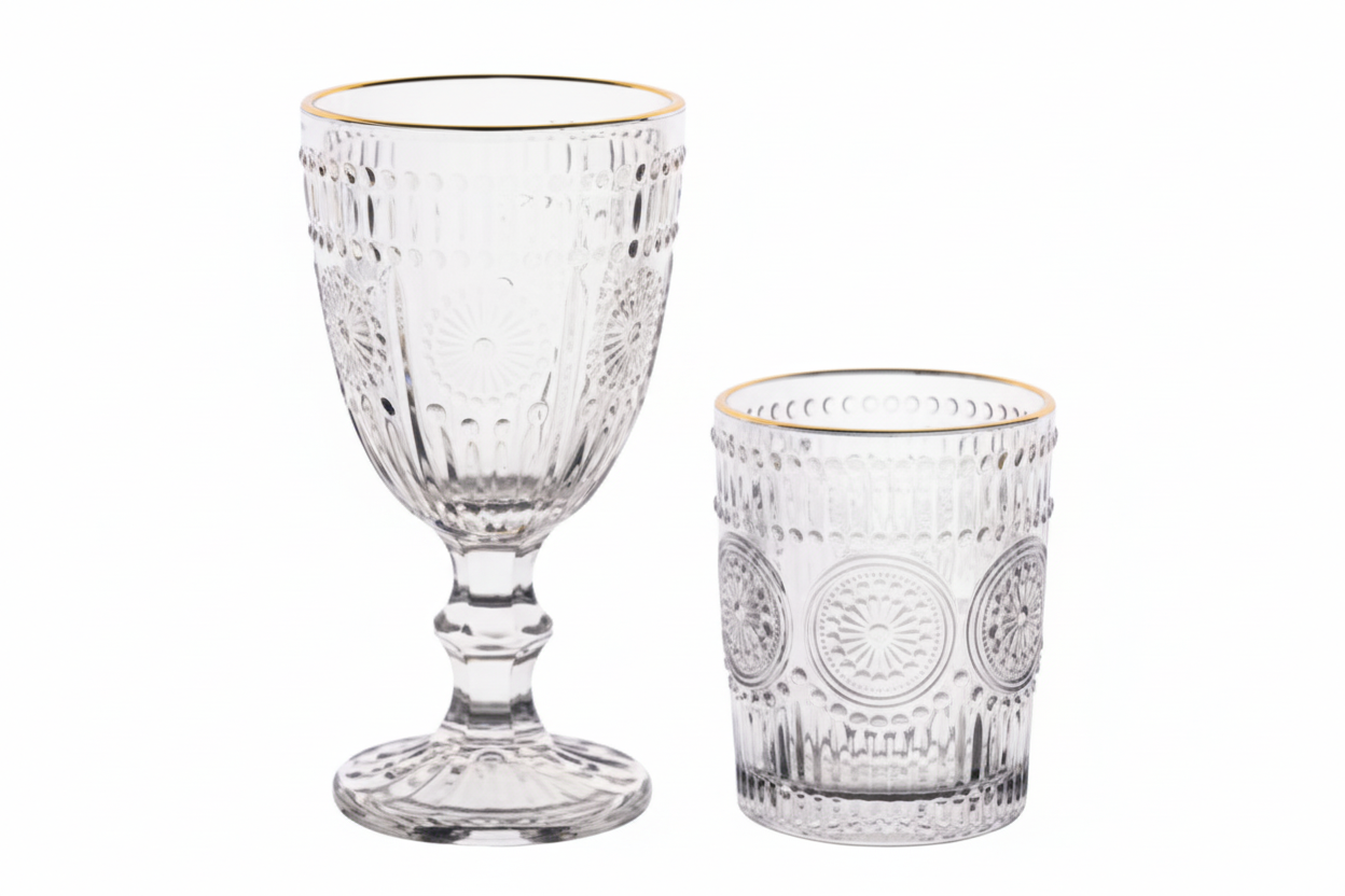 Set 12 Bicchieri e Calici Grace Filo Oro 330cc – Vetro Elegante Decorato