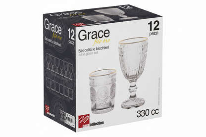 Set 12 Bicchieri e Calici Grace Filo Oro 330cc – Vetro Elegante Decorato