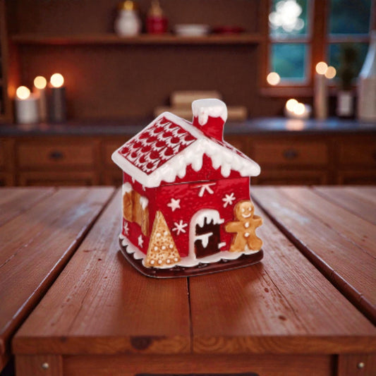 Contenitore a forma di casa di marzapane natalizia in ceramica, ambientata in una casa accogliente.