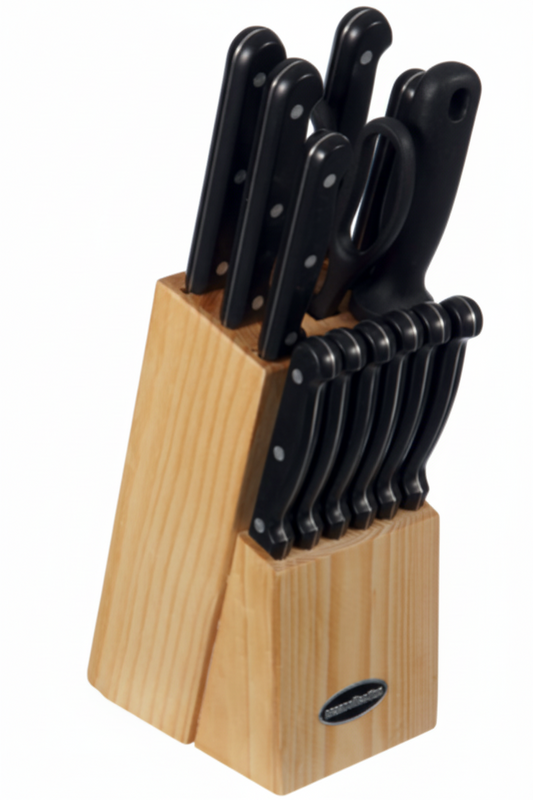 Ceppo Coltelli 14 Pezzi Ronda con Supporto in Legno – Set Completo Cucina Acciaio Nero
