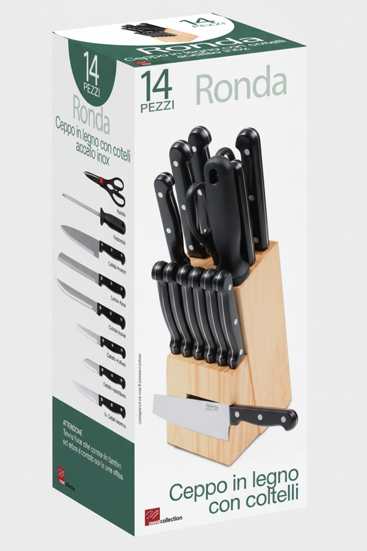 Ceppo Coltelli 14 Pezzi Ronda con Supporto in Legno – Set Completo Cucina Acciaio Nero