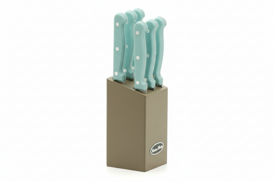 Ceppo Coltelli da Bistecca 7 Pezzi con Supporto in Legno – Coltelli Acciaio Azzurri