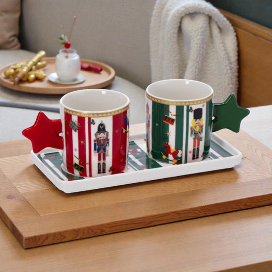 Set 2 Tazzine Natale con Vassoio in Porcellana New Bone China