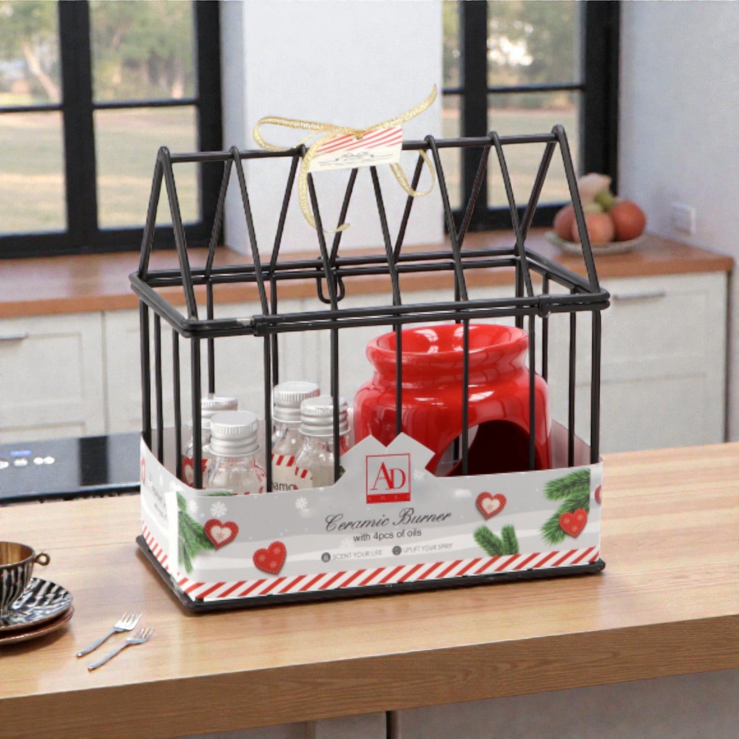 Kit candele brucia oli essenziali, ambientato in una casa accogliente e festiva.