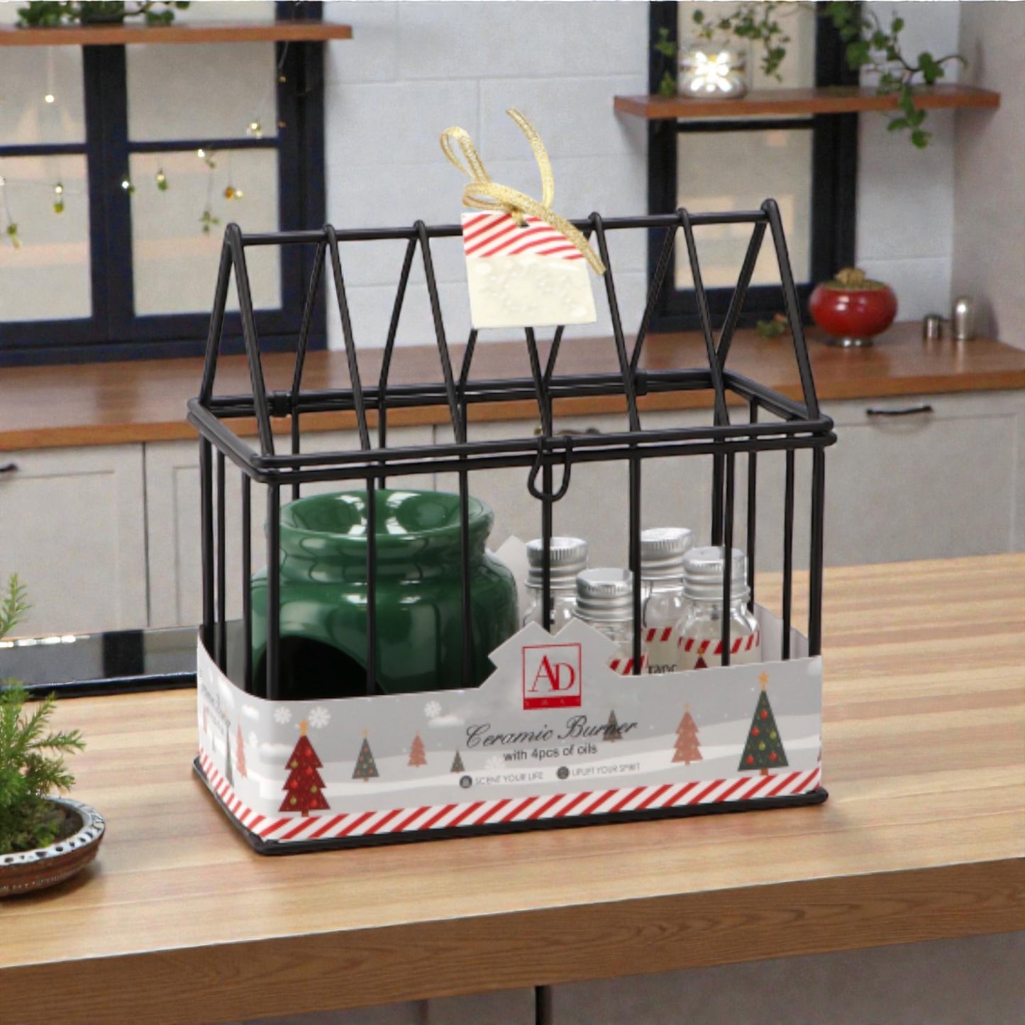 Kit candele brucia oli essenziali, ambientato in una casa accogliente e festiva.