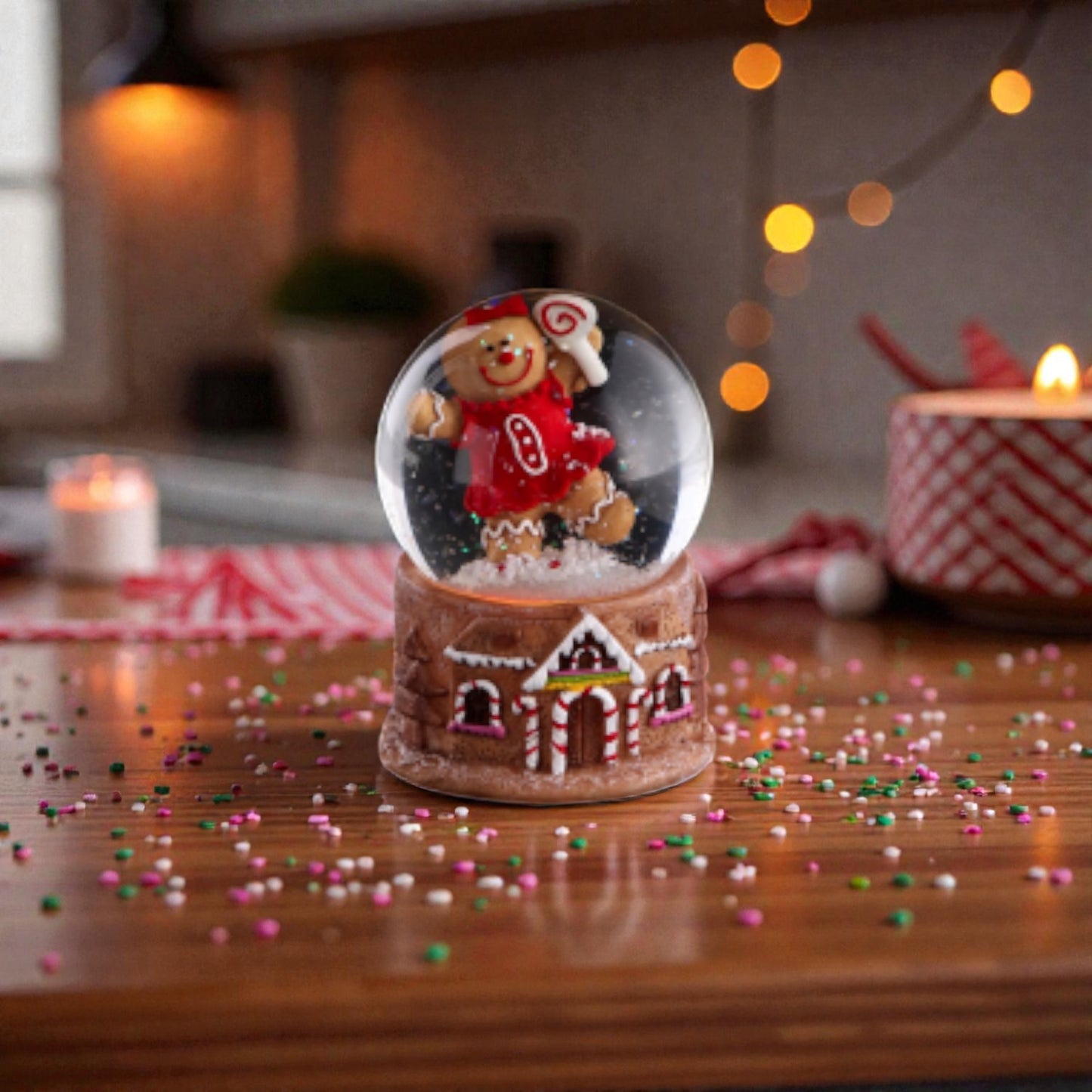 Palla di neve con omini di marzapane, su un piano in legno con sfondo natalizio.