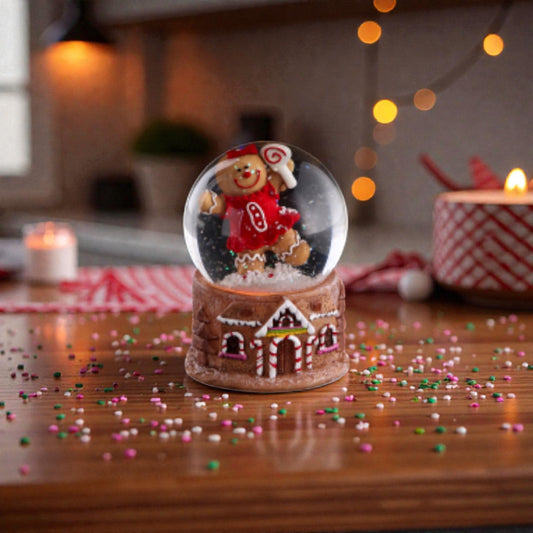 Palla di neve con omini di marzapane, su un piano in legno con sfondo natalizio.