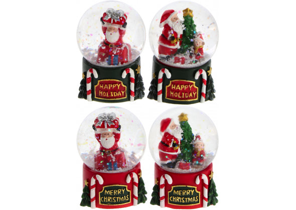 Quattro Palla di neve con babbo natale e base in resina, con uno sfondo bianco