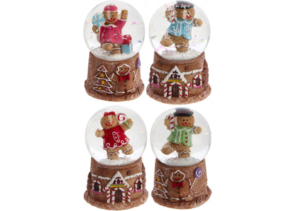 quattro Palla di neve con omino marzapane al suo interno e base in resina a forma di casa di marzapane