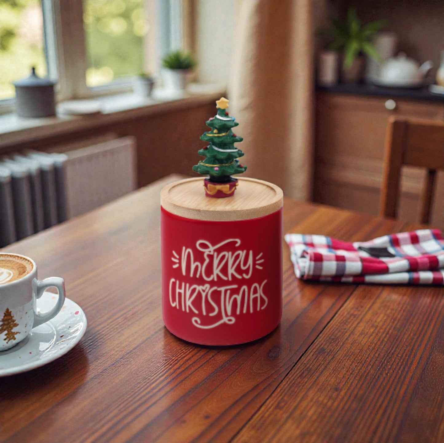 Barattolo in Ceramica di Natale con Coperchio Bamboo 9 x 14,5 cm