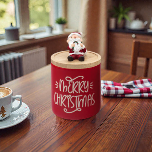 Barattolo in Ceramica di Natale con Coperchio Bamboo 9 x 14,5 cm