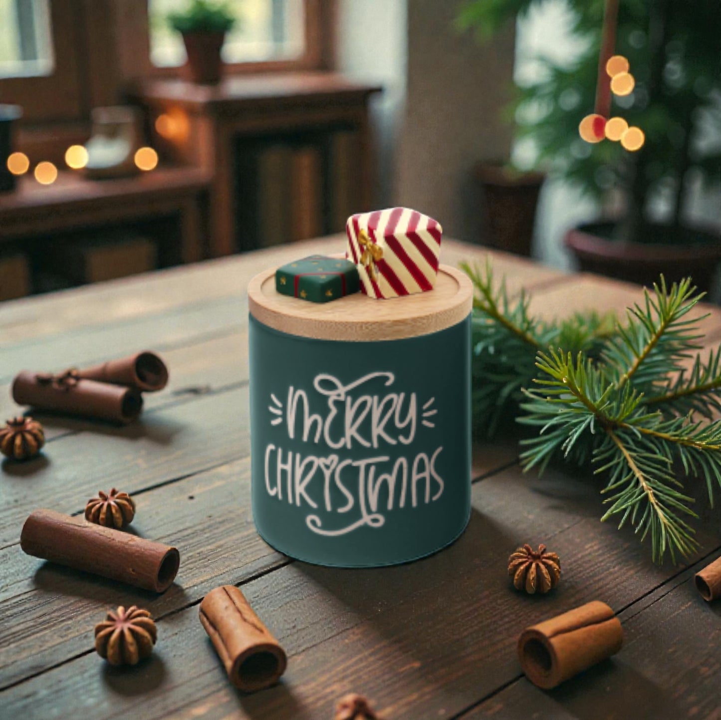 Barattolo in Ceramica di Natale con Coperchio Bamboo 9 x 14,5 cm
