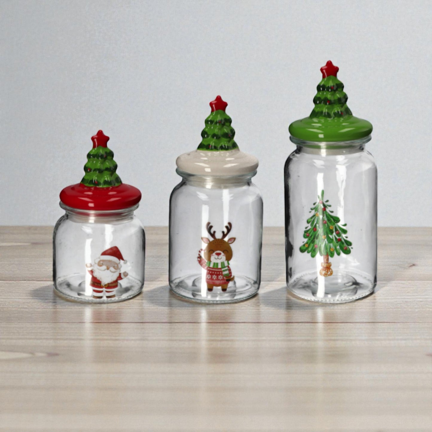 Barattolo di Natale in Vetro con Coperchio in Ceramica 3 Decori e Dimensioni