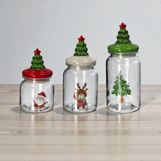 Barattolo di Natale in Vetro con Coperchio in Ceramica 3 Decori e Dimensioni