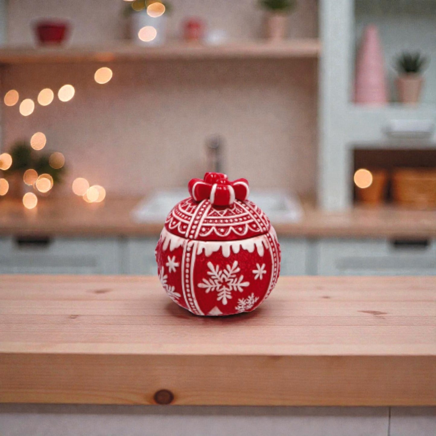 Contenitore Tondo in ceramica con tema natalizio, ambientato in una cucina a Natale.