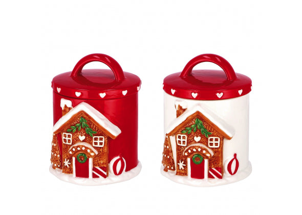 Contenitore Natalizio in Ceramica Cilindrico - Casetta di Pan di Zenzero