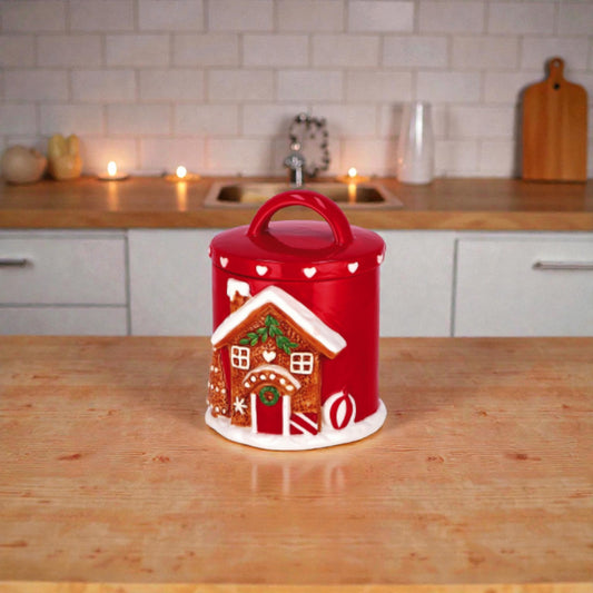 Contenitore Natalizio in Ceramica Cilindrico - Casetta di Pan di Zenzero