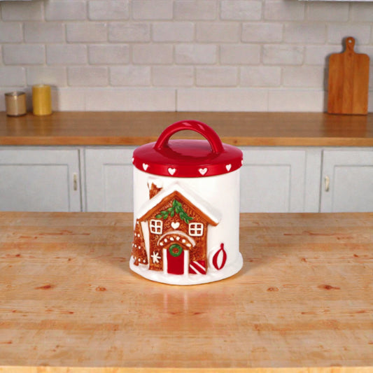 Contenitore Natalizio in Ceramica Cilindrico - Casetta di Pan di Zenzero