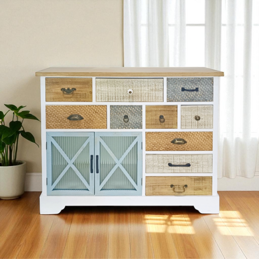 Credenza in legno con 2 ante in vetro e 10 cassetti cm. 108 x 35 x h. cm. 89