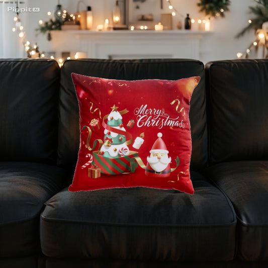 Cuscino in Tessuto Natale - Decori Babbo Natale e Albero di Natale 45x45 cm - Rosso - Bianco