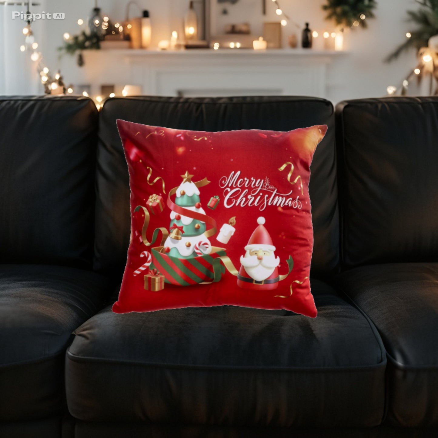 Cuscino in Tessuto Natale - Decori Babbo Natale e Albero di Natale 45x45 cm - Rosso - Bianco