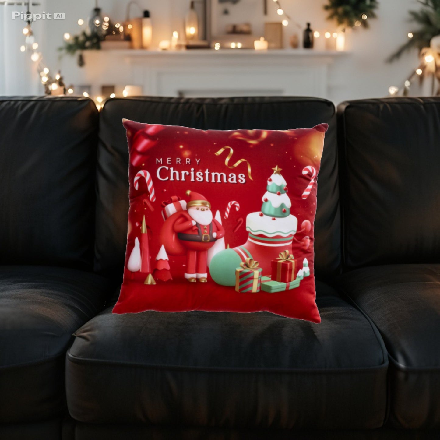 Cuscino in Tessuto Natale - Decori Babbo Natale e Albero di Natale 45x45 cm - Rosso - Bianco