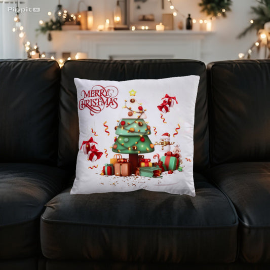 Cuscino in Tessuto Natale - Decori Babbo Natale e Albero di Natale 45x45 cm - Rosso - Bianco
