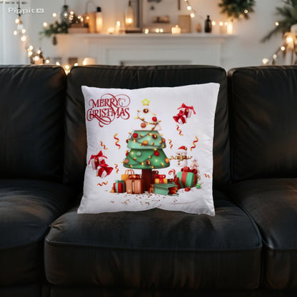 Cuscino in Tessuto Natale - Decori Babbo Natale e Albero di Natale 45x45 cm - Rosso - Bianco