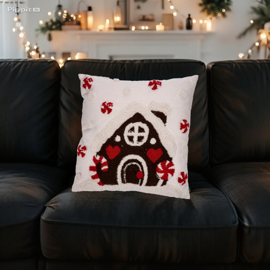 Cuscino in Tessuto Natale - Decori Casetta e Paesaggio Natalizio - 45x45 cm - Rosso - Bianco