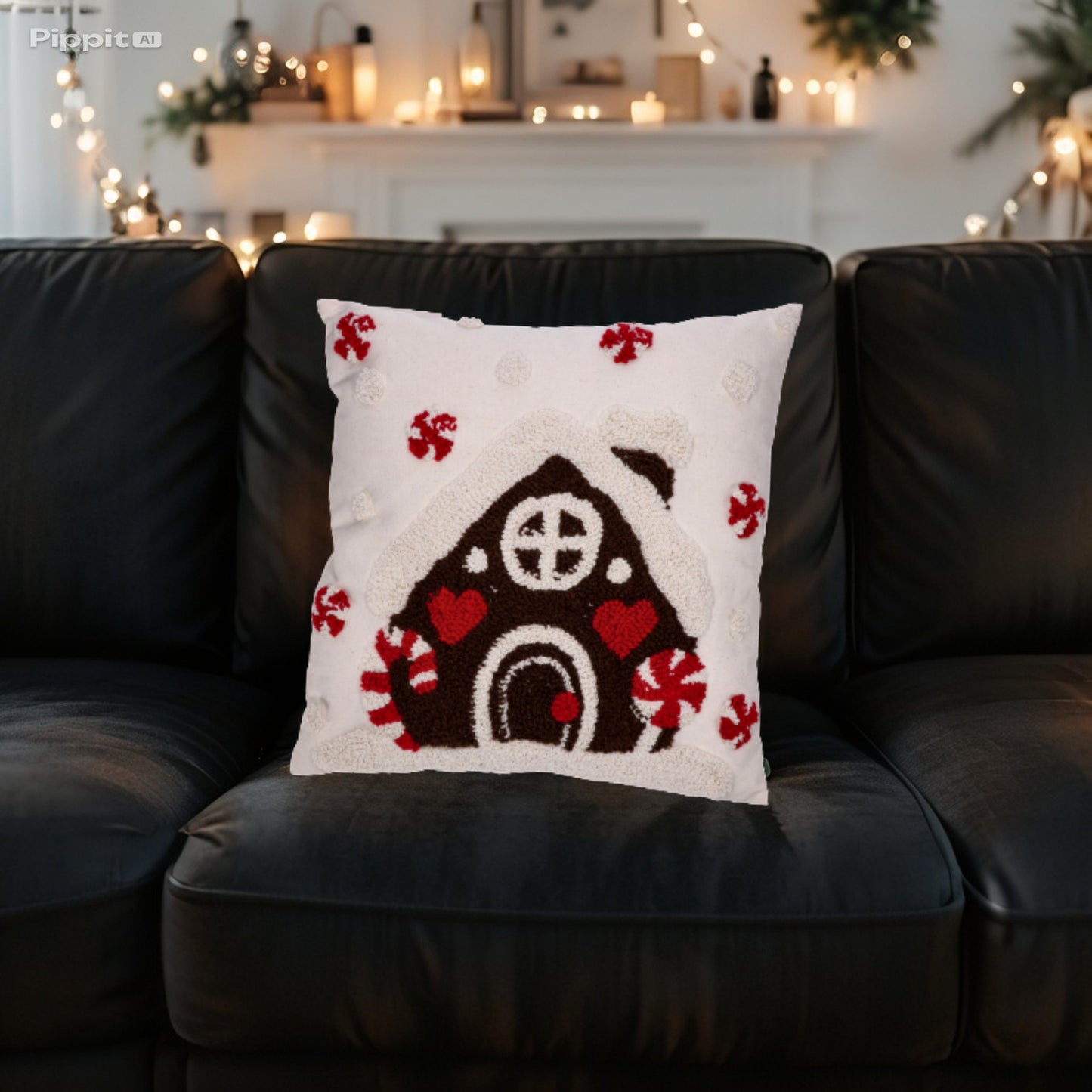 Cuscino in Tessuto Natale - Decori Casetta e Paesaggio Natalizio - 45x45 cm - Rosso - Bianco