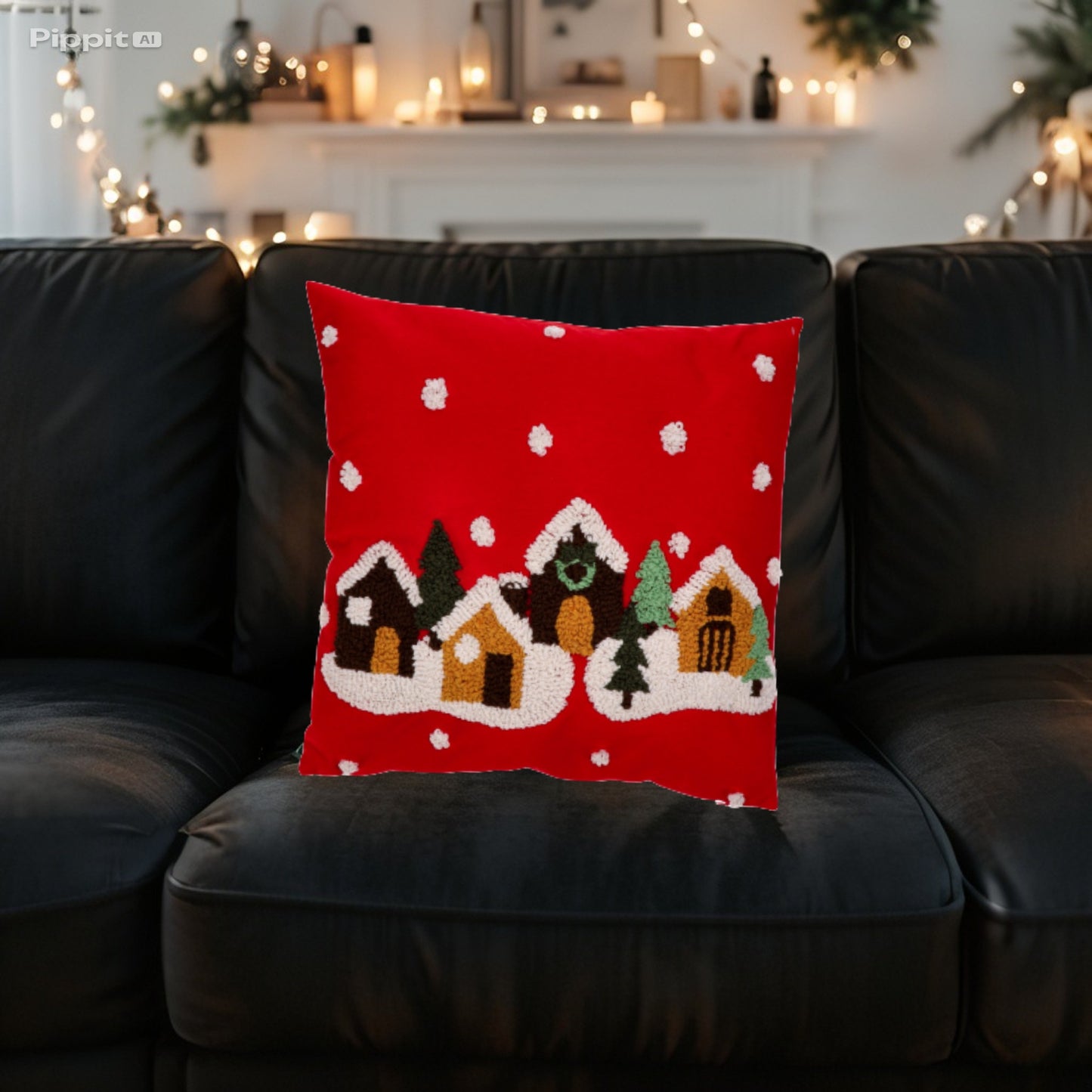 Cuscino in Tessuto Natale - Decori Casetta e Paesaggio Natalizio - 45x45 cm - Rosso - Bianco