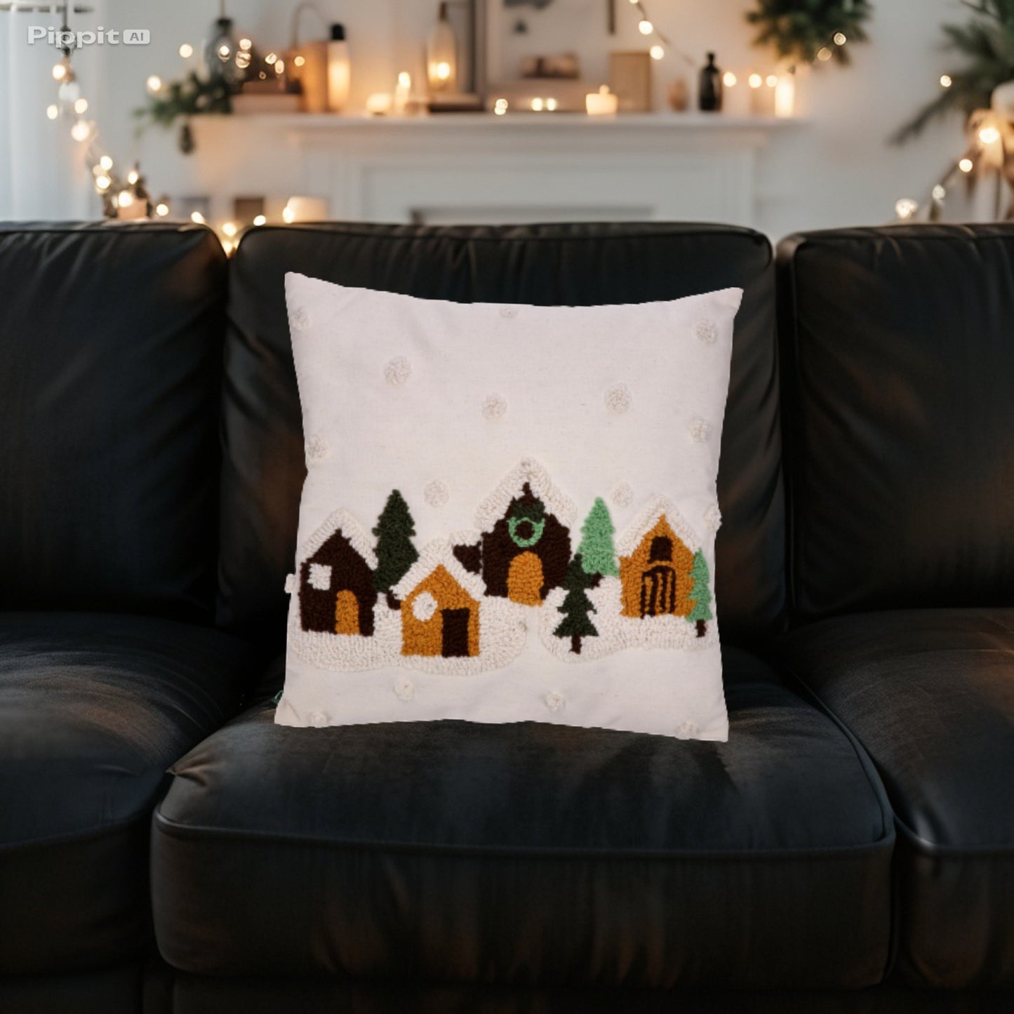 Cuscino in Tessuto Natale - Decori Casetta e Paesaggio Natalizio - 45x45 cm - Rosso - Bianco